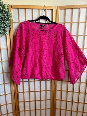 Alfani Hot Pink Lace Top Large Bell Sleeve Floral Sheer Overlay Blouse